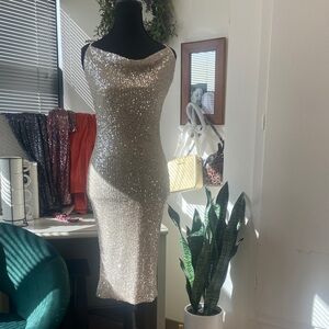 Fashion Nova Champagne with Silver Sequin Midi Dress